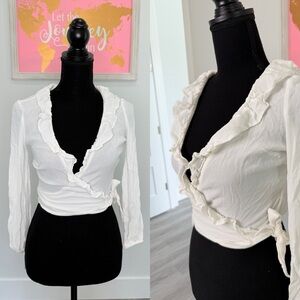 Bershka White Wrap Crop Long Sleeve Top (S)